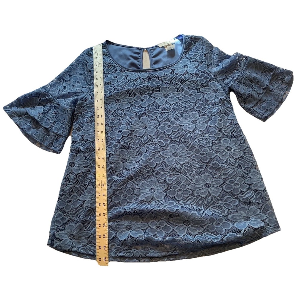Rue Juju - Blue Lace Stretch Top Shirt Blouse Double Bell Sleeves Lined - Size M - Picture 4 of 5